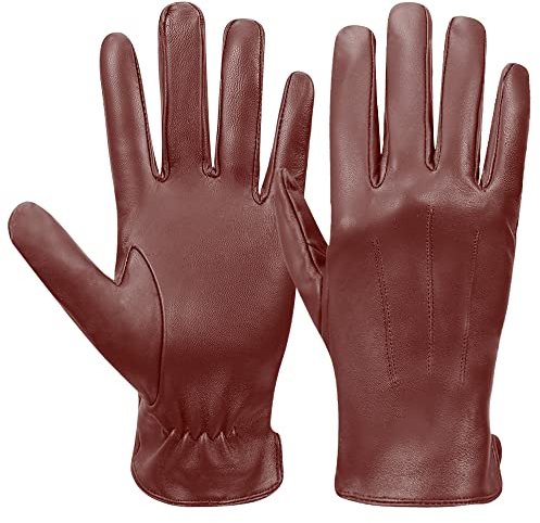 MGGMOKAY Mens Winter Sheepskin Leather Gloves Warm Cashmere Lined Touchscreen Driving Gloves,Cognac,M
