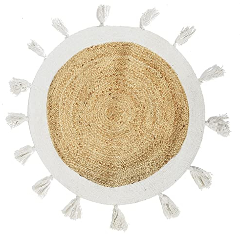 Toilinux.com Teppich mit Pompons aus Jute, rund, Durchmesser 90 cm, Weiß