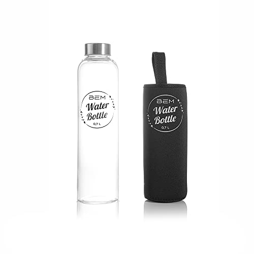 Water Bottle - Trinkflasche aus Glas mit Edelstahldeckel 700ml, Spülmaschinenfest, Stoßfest, Silikonhülle, Borosilikatglas, robust