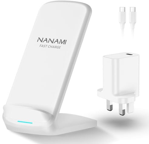 NANAMI Wireless Charger with 20W PD 3.0 Charger Plug, Qi Cordless Charger for iPhone 16 15 14 13 12 11 SE2 XS Max XS XR X 8, 10W Fast Induction Charging Stand for Galaxy S24/S23/S22/S21/S20/S10/S9/S8