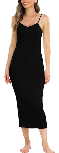 Vlazom Damen Unterkleid mit Trägern Sexy Unterröcke lang Negligee Full Slip Sommerkleid Damen Nachtwäsche(S,Schwarz)