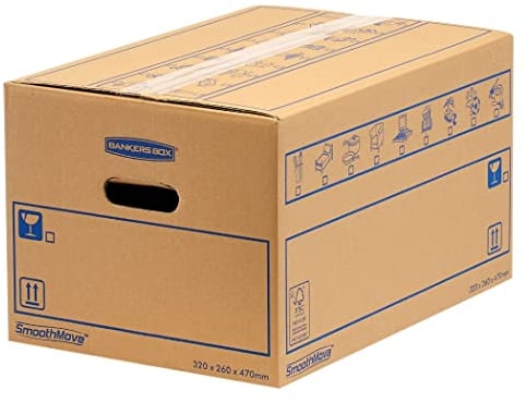 8 BANKERS BOX Large Strong Moving Boxes, 39L C-Flute SmoothMove Cardboard Storage Packing Boxes, Heavy Duty Cardboard Boxes for Moving House with Handles, 47cm x 32cm x 26cm (Pack of 8), Brown