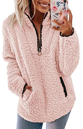 Pullover Damen Fleecepullover Teddyjacke Teddy Flauschiger Teddyfleece Jacke Kuschelpullover Winterjacke Fleecejacke Plüschjacke Kuscheljacke Kapuzenpullover Winter Mit Taschen Top (Rosa, XL)