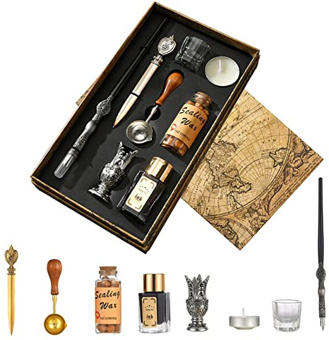 Joyeee Ensemble stylo et encre en bois antique, kit de cire à cacheter pour artiste avec perles de cire, encre noire, tasses d'encre, ouvre-lettres, coffret cadeau de Noël et d'anniversaire