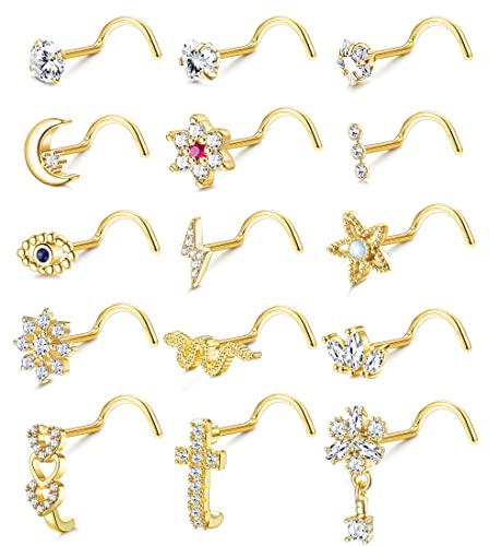 Adramata 15 Pcs 20G Nasenpiercing Stecker Nasenring für Damen Herren Chirurgenstahl Nasenpiercing L/Schraube Geformt Nasenstecker Schlange Blume Silber Gold Nasenstecker Nasenpiercing Schmuck
