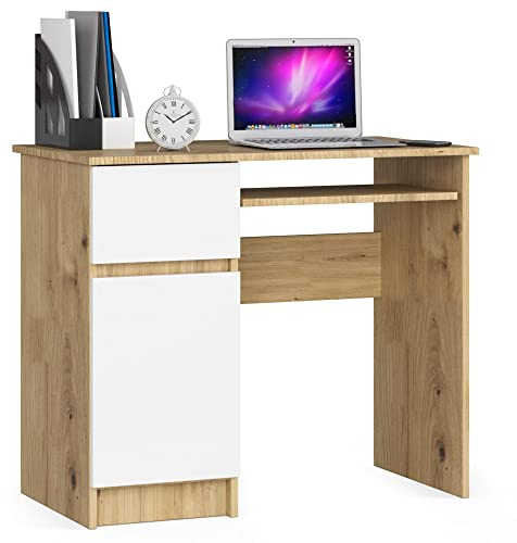 AKORD Piksel Schreibtisch Klein mit Schubladen | Computertisch | Bürotisch mit Tastaturablage | Schublade und Fach mit Tür | B90 x H77 x T50 cm | 30 kg | Schrank Links | Farbe: Artisan Eiche | Weiß