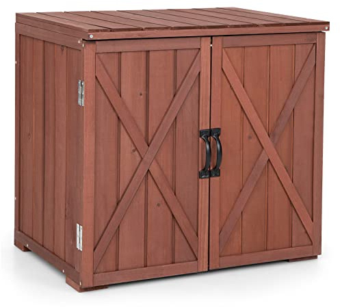 GOPLUS Armoire à Outils en Bois de Sapin pour Jardin, Meuble à Outils Jardin avec 2 Portes Magnétiques Délicates et Poignée Métallique, Placard pour Outils Abri de Jardin, 77 x 56 x 72CM (Marron)