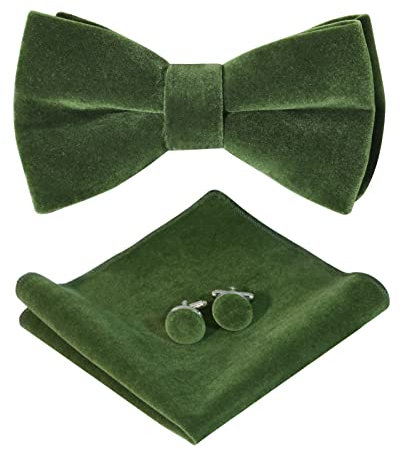 HOULIFE Fliege Herren Set - Verstellbare Fliege aus Samt Vorgebunden Fliege, einfarbige Einstecktuch, Manschettenknöpfe Set für Bräutigam Hochzeit formal mit Geschenkbox, Olivgrün