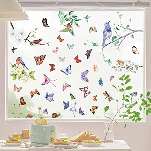 8 Bögen Fensteraufkleber Frühling,Frühling Vögel Fensterbilder,fensterbilder frühling selbstklebend,Fensterfolie Fensterdeko,Aufkleber DIY Wandaufkleber,Selbstklebend Blumen Schmetterlinge