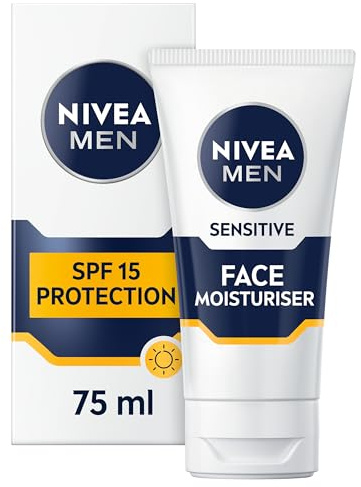 NIVEA MEN Sensitive Face Moisturizer LSF15 (75 ml), 0% Alkohol-Feuchtigkeitspflege, lindert 5 Anzeichen von Hautreizungen und schützt die Haut vor UVA/UVB-Strahlen, nicht fettende Formel