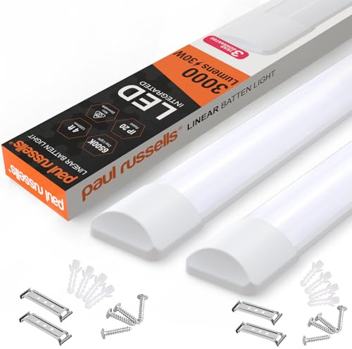 Paul Russell's 4ft LED Batten Light, Ceiling Fitting Tube Light, 6500K Daylight, 30W, 3000 Lumens, Office, Bathroom, Kitchen, Garage, Warehouse Fluorescent Lighting Replacement, 2 Packs