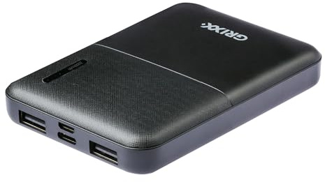 Grixx Powerbank 5.000mAh, 2 x USB-A Output, 1 x USB-C In-Output, 1 x Mikro-USB Input, Kompatibel mit Smartphones, Tablets und mehr.