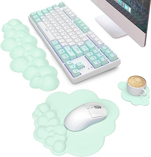 AJAZZ 3 in 1 Cloud Ergonomische Tastatur-Handballenauflage,Mauspad und Untersetzer-Set,PU-Leder,rutschfeste Gummibasis und Memory-Schaum,einfaches Tippen und Schmerzlinderung,für Spiele,Office-Grün