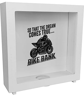 Bike Bank Rahmen Spardose aus Holz mit Spruch und Motorrad in schwarz So That The Dream Comes True Bike Bank EIN dekoratives Sparschwein zum Sparen auf EIN Moped Biker Sparbüchse