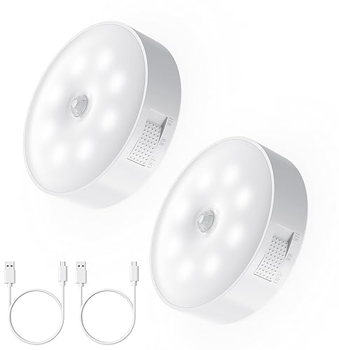 HUSAIHU 2 Pack Motion Sensor Lights, USB Charging Wireless LED Night Light, 2 Modes White and Warm Night Light, Sensor Lamp for Bedside, Stair, Bathroom, Closet, Wardrobe, Corridors, Warehouse