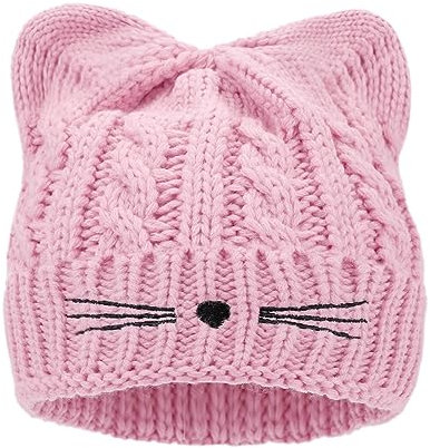 LUCKYBUNNY Damen Mädchen Niedliche Katzenohren Beanie Mütze Winter Häkeln Strickmütze, Gestrickte Katzenohren, Rosa, Einheitsgröße