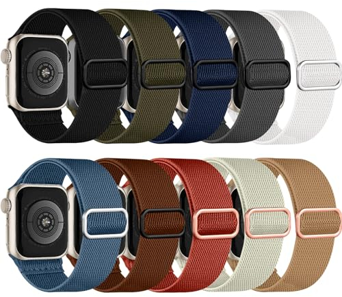 Chinbersky 10 Stück Elastische Nylon Loop Armband Kompatibel mit Apple Watch Armband 49mm 45mm 44mm 42mm 46mm,Stoff Verstellbares Dehnbare Ersatzband für iWatch Ultra Series 11/10/9/8/7/6/5/4/3/2/1/SE