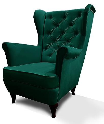 Mars Meble Ohrensessel aus Velours, Sessel mit Holzbeine, Wohnzimmersessel mit Wellenfedern, Elegant und Bequem (Stoff: Kronos 19 - flasches grün)