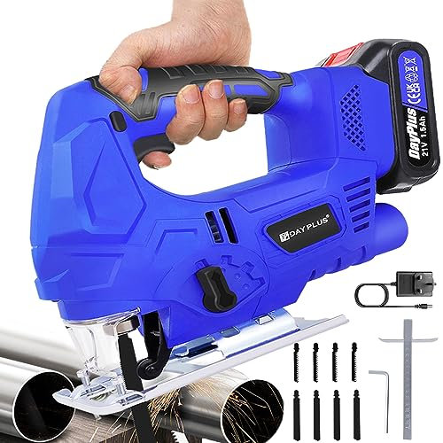 21V Cordless Jigsaw Tool with Battery and Charger, 8 Blades, Guide Ruler & Wrench, Electric Jig Saw Tool Kit for Wood Metal Cutting, Cutting Depth 100mm, 4 Orbital Settings, 0°-45° Bevel Cutting