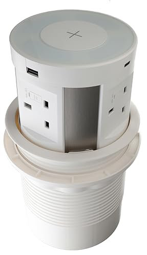 Desk Power Pop-Up 4 Fused UK Sockets 2x USB-A 2x USB-C Qi Wireless Charger White