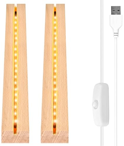 Vegena 2 Piezas Base de Exhibición de Luces LED, Base de Madera con Luz Led, Base de Madera Rectangular con USB para Placa Acrílica, Placa de Cristal (30cm de Largo, Blanco Cálido)