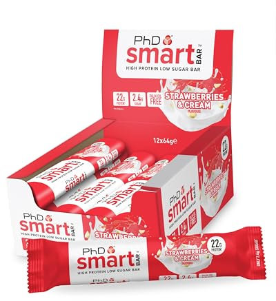 PhD Nutrition Smart Bar Barre protéinée 12x64g Fraise et crème - En-cas High Protein avec 22g de protéines et peu de sucre, Barre protéinée macro-friendly