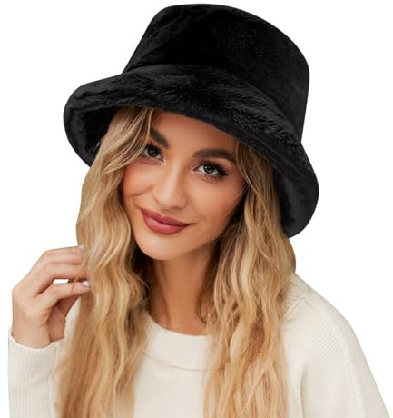 Winterhut Damen Fischerhut Winter Plüsch Strickmütze Mädchen Wintermütze Warm Eimerhut Winddicht Damenhut Strick Wollmütze Weich Einfarbig Freizeithut Damenmütze Outdoor Fischermütze (Black, One Size)