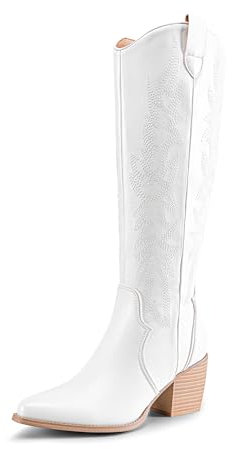 DREAM PAIRS Women's Knee-High Boots, Comfortable Chunky Block Heel Pointed Toe Pull On Side Zipper Suede Slouch Riding Boots,Size 6,White,SDKB224W-W