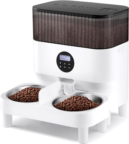Sailnovo Comedero Automático para Dos Gatos, Dispensador de Comida Seca para Mascotas, Recordatorio de Voz 10s, hasta 80 Porciones y 4 Comidas al Día para Perros y Gatos, Blanco-5L
