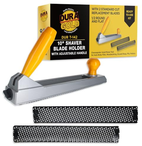 Dura-Gold 10 Shaver Blade Holder with Adjustable Handle and 2 Standard Cut Replacement Blades, 1/2 Round and Flat - Cheesegrater Hand Planer Tool for Auto Body Filler, Woodworking, Drywall Rasp, File