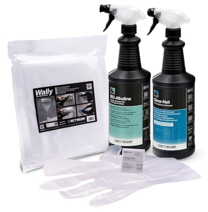 ERRECOM Kit limpieza aire acondicionado, incluye detergente Clima-Net 1L limpieza unidad interna y filtros, funda Wally, detergente bioalcalino Bio Alkaline 1L limpieza unidad externa, guantes