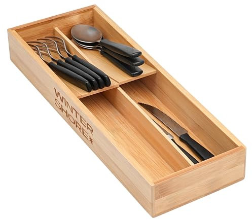 Winter Shore Organizador de Cubiertos de Bambú - Bandeja Organizador Bambu de Utensilios de Cocina - Porta Cubiertos Cajon Cocina - Organizador Cubiertos de Madera para Cucharas, Tenedores, Cuchillos