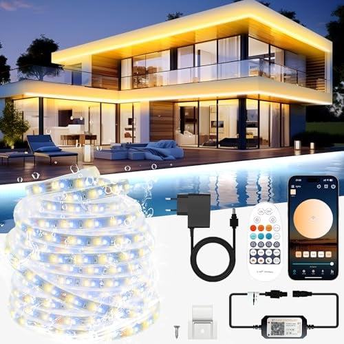 TENDIST Tira LED 20M Blancas Cálido a Frío Regulable, Luces Exterior Impermeable IP67 Con APP y Control Remoto, Luz 24V Autoadhesiva Para Cocina, Piscina
