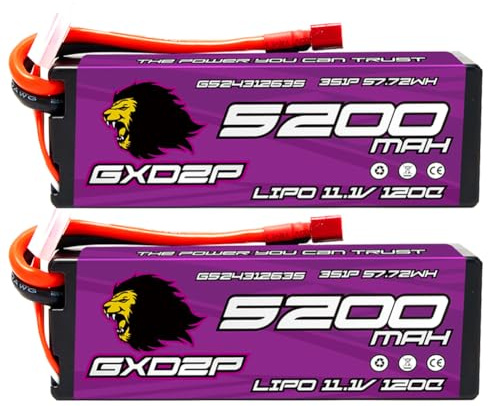 GXDZP Hochleistungs-Lipo-Akku 11,1 V, 3 S, 5200 mAh, 120 C mit Deans/T 3S-Lipo-Anschluss für RC-Modelle – 2er-Pack Lipo-Akku, perfekt für Autos, Hubschrauber und Flugzeuge im Maßstab 1/10 und 1/8