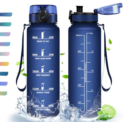 HoneyHolly Trinkflasche, 500ml, Trinkflasche Sport, Trinkflasche mit Zeitmarkierung, mit Filter, Auslaufsichere Trinkflasche, BPA-Frei, Wasserflasche für Sport, Fitness, Yoga, Schule, Büro
