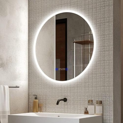 Finmrys Badspiegel mit Beleuchtung Rund 60 cm mit Uhr und Touch-Schalter Beschlagfrei Badezimmerspiegel LED Dimmbar Kaltweiß Warmweiß 23.62 inch