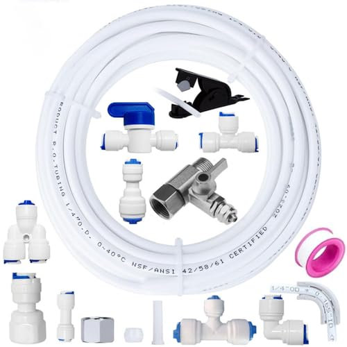 PAROAD Universal Wasserzulaufleitung Anschlussset, 1/4 (6,35mm) RO Wasserfilter Fitting, 10 Meter Schlauch, 16er-Pack(Y + T + I + L Typ Verbinder + Absperrventil + Rohrschneider usw)