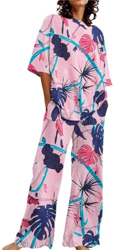 Camicia da Notte Parto Abiti Estivi per Donna 2 Set di Lino in Cotone T-Shirt Oversize Pantaloni a Gamba Dritta Tuta Taglie Forti Tuta Pigiama Donna Invernale Pile Pigiama Donna (Hot Pink, M)