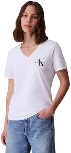 Calvin Klein Damen 2er Pack T-Shirts Kurzarm Logo Tee mit V-Ausschnitt, Weiß (Brilliant White), S