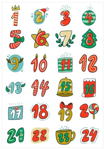 Adventskalender Zahlen Aufkleber, Adventskalender Aufkleber 1-24, 24 Tage Weihnachts-Countdown Adventskalender Sticker 1-24, Aufkleber Adventskalender Zahlen für den Urlaub