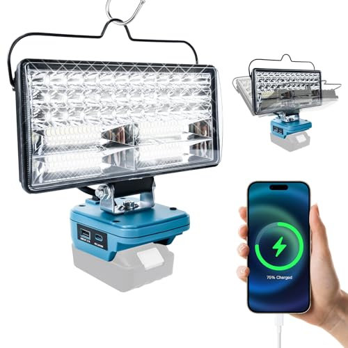 Lámpara Inalámbrica para Makita 18V, Luz de Trabajo LED de 100W 8000LM, Foco LED Portátil con 2 Puertos de Carga USB A y Tipo C, para Reparación de Automóviles, Construcción (Sin Batería) (8 Pulgadas)