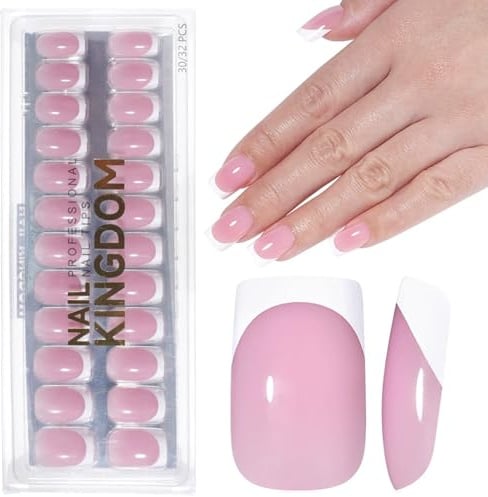 French Tip False Nails - 32pcs White Pink Square Press On Nails Short - Glossy Removable Fake Nail With Glue - Full Cover Acrylic Stick On Nail Tips For Women French DIY Manicure Decorations
