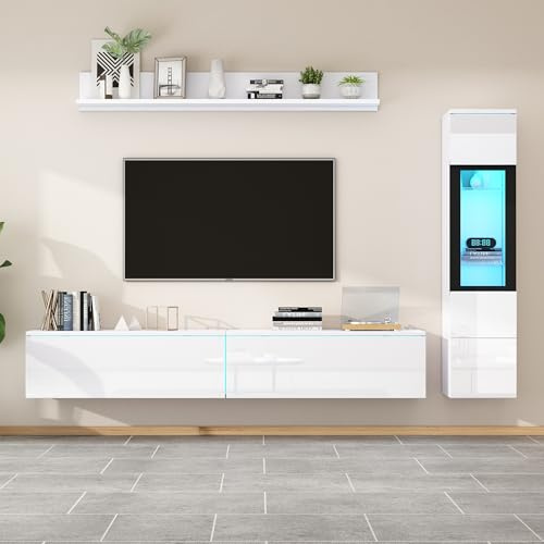 boorbin Set da parete per TV, 3 pezzi, illuminazione a LED, bianco lucido, set di mobili da soggiorno, parete frontale bianca, 1 armadio TV, 1 vetrina per soggiorno, 1 mensola sospesa (bianco)