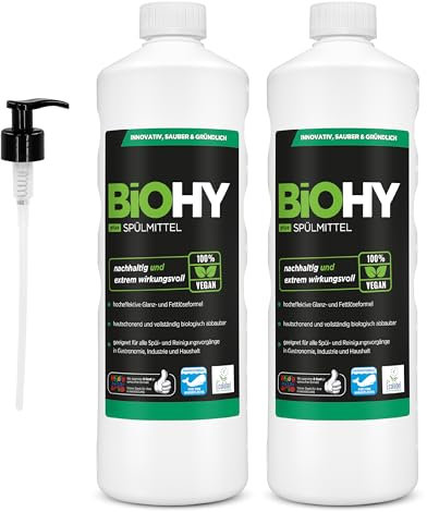 BiOHY Detergente para lavavajillas Plus (2 x 1 litro) + dispensador de bomba, concentrado líquido orgánico para vajilla con etiqueta ecológica de la UE, desengrasante extrapotente, ideal para