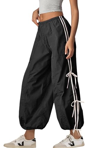 Zhiyouni Parachute Pants for Women Elastic High Waist Full Twist Hiking Cargo Pants Trousers(Black-S)