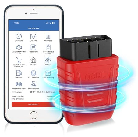 iKiKin OBD2 Bluetooth 5.0 Diagnostic Equipment Scanner Automatique de Balayage du système Complet avec Lecteur OBD2 sans Fil défini par DTC pour l'équipement de Diagnostic de véhicule (Rouge)