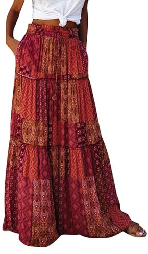 Damen Lang Boho Rock Elegant Hohe Taille A-Linie Elastischer Taillenrock Blumen Bedruckter Sommerrock Retro Modische Casual Maxi Beach Rock Mit Taschen
