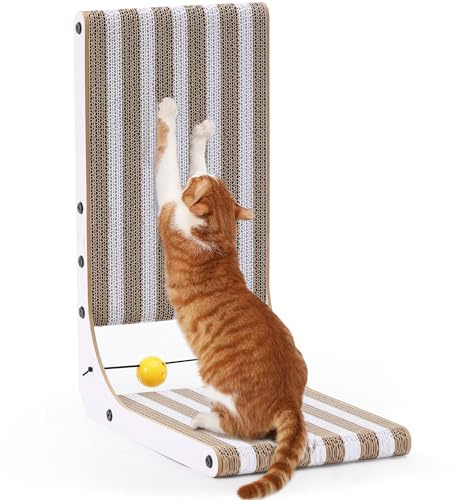FUKUMARU Kratzbrett Katzen, 48 cm hohe L-förmige Kratzpappe mit Stripe-Muster, widerstandsfähig Katzenkratzbrett mit Ballspielzeug, Kratzmöbel aus hochwertiger Karton für Wand und Ecke, Mittel
