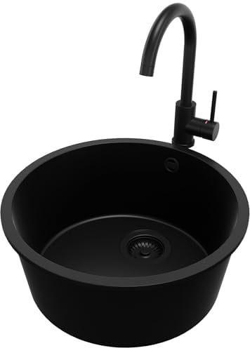 PRIMAGRAN Granitspüle ab 50er Unterschrank + Küchenarmatur, 46x46cm | Set: Küchenarmatur BW5010 + Ablauf-Set (Siphon, Ablaufgarnitur, Überlauf) + Spülbecken 1 Becken - Valetta Slim, Alles Schwarz