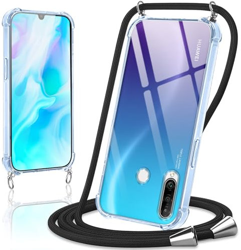Coiwxmoi Handyband Handyhülle für Huawei P30 Lite Hülle mit Band 6,15,Transparent Case mit Kette Abnehmbar zum Umhängen Kordel Schutzhülle,Weich Silikon TPU Stoßfest Cover für P30 Lite,Schwarz